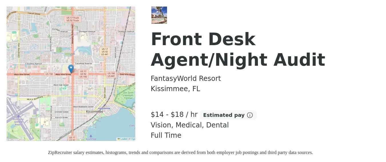 FantasyWorld Resort job posting for a Front Desk Agent/Night Audit in Kissimmee, FL with a salary of $15 to $19 Hourly and benefits including dental, life_insurance, medical, retirement, and vision with a map of Kissimmee location.