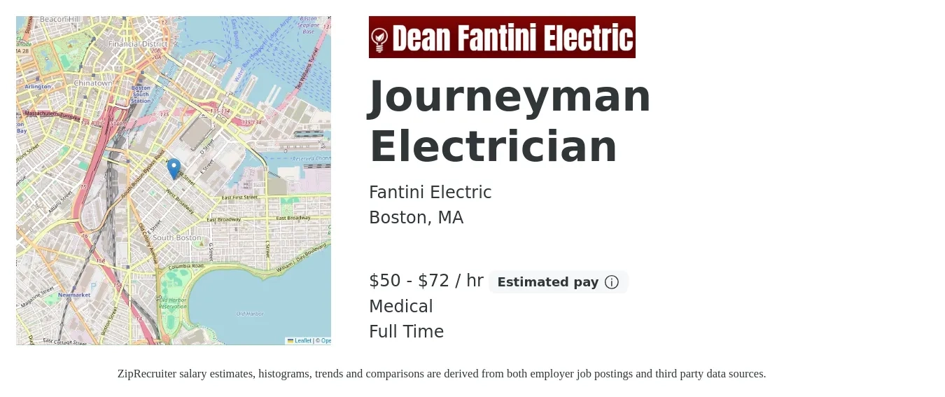 Fantini Electric job posting for a Journeyman Electrician in Boston, MA with a salary of $52 to $75 Hourly and benefits including medical, pto, and retirement with a map of Boston location.