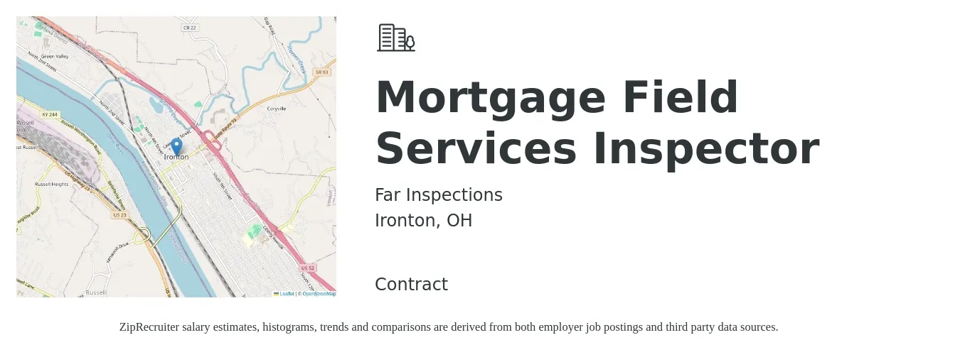 Far Inspections job posting for a Mortgage Field Services Inspector in Ironton, OH with a salary of $20 to $30 Hourly with a map of Ironton location.