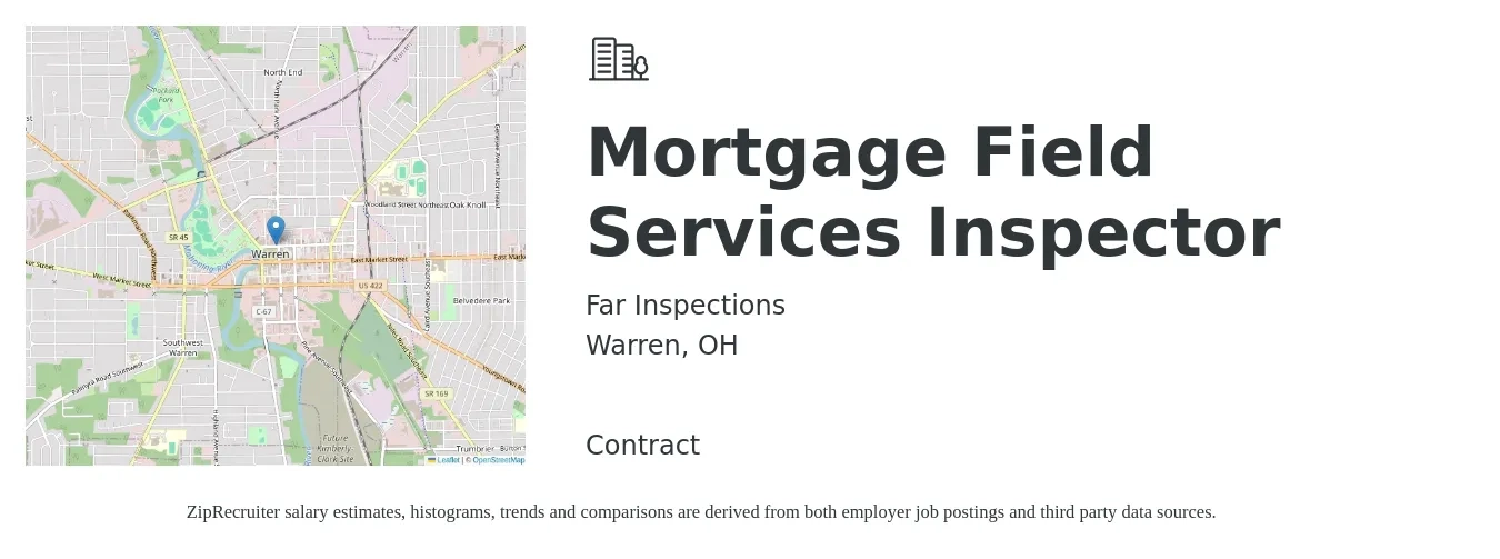 Far Inspections job posting for a Mortgage Field Services Inspector in Warren, OH with a salary of $20 to $30 Hourly with a map of Warren location.