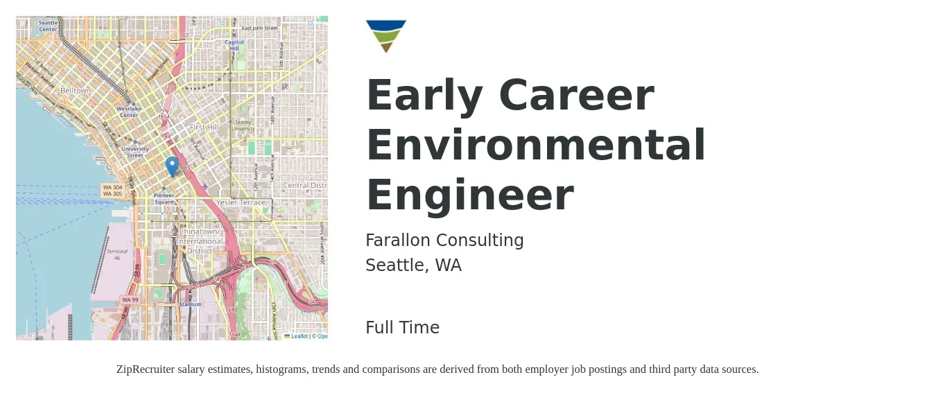 Farallon Consulting LLC job posting for a Early Career Environmental Engineer in Seattle, WA with a salary of $83,600 to $123,500 Yearly with a map of Seattle location.