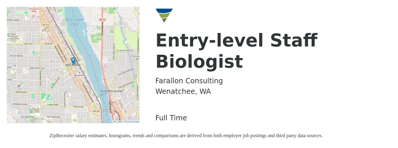 Farallon Consulting LLC job posting for a Entry-level Staff Biologist in Wenatchee, WA with a salary of $64,200 to $130,500 Yearly with a map of Wenatchee location.