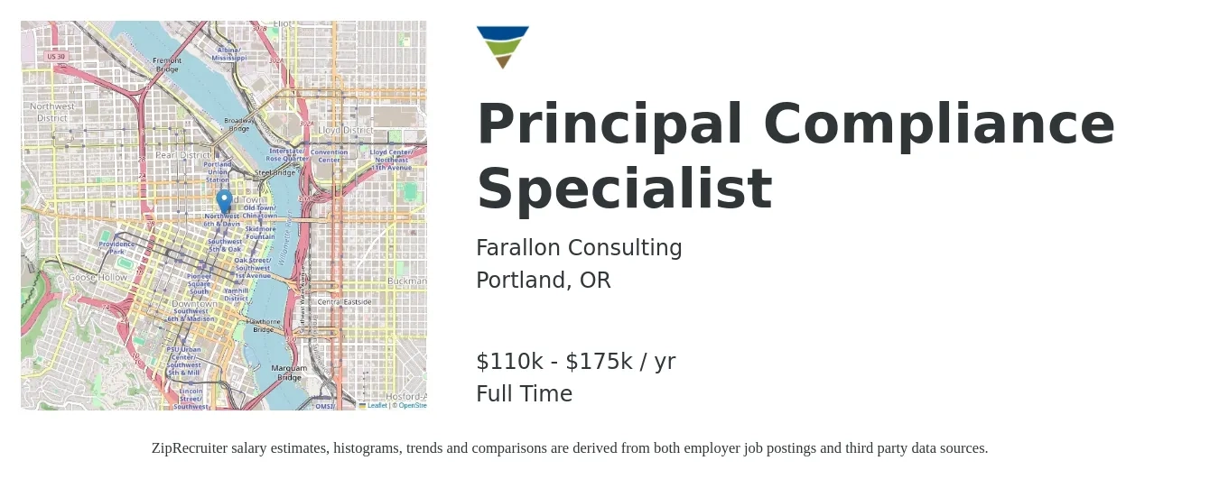 Farallon Consulting LLC job posting for a Principal Compliance Specialist in Portland, OR with a salary of $110,000 to $175,000 Yearly with a map of Portland location.