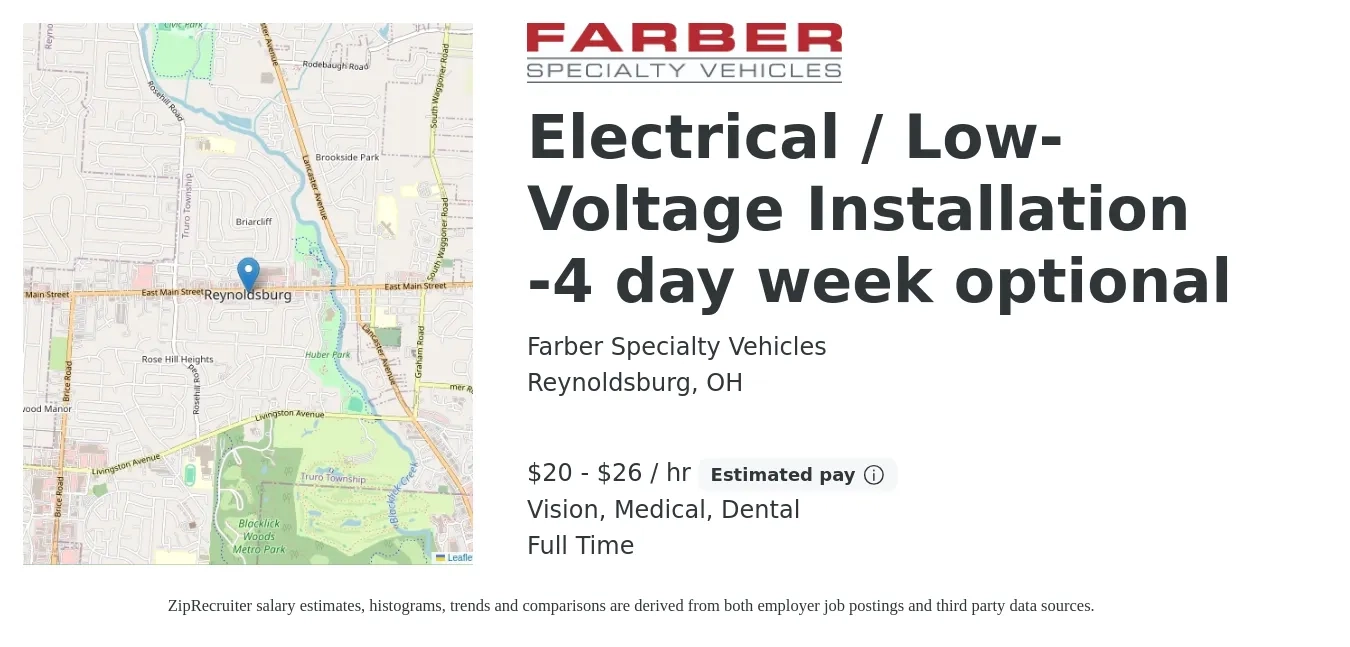Farber Specialty Vehicles job posting for a Electrical / Low-Voltage Installation -4 day week optional in Reynoldsburg, OH with a salary of $21 to $28 Hourly and benefits including medical, retirement, vision, dental, and life_insurance with a map of Reynoldsburg location.