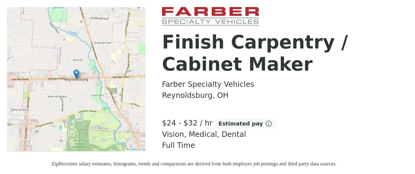 Farber Specialty Vehicles job posting for a Finish Carpentry / Cabinet Maker in Reynoldsburg, OH with a salary of $25 to $34 Hourly and benefits including retirement, vision, dental, life_insurance, and medical with a map of Reynoldsburg location.