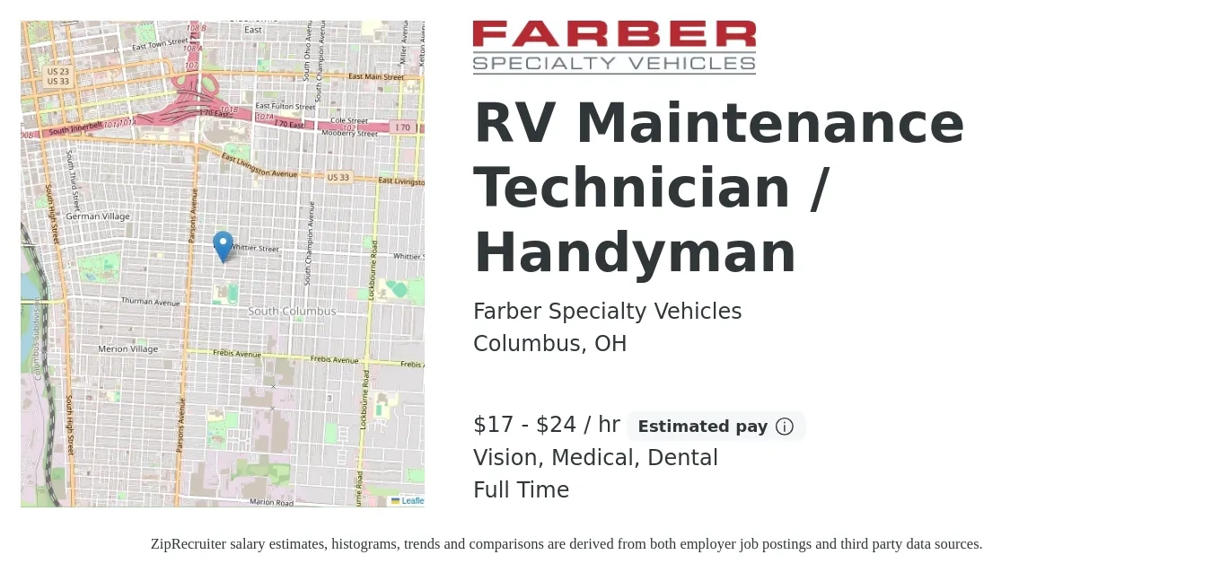 Farber Specialty Vehicles job posting for a RV Maintenance Technician / Handyman in Columbus, OH with a salary of $18 to $25 Hourly and benefits including life_insurance, medical, retirement, vision, and dental with a map of Columbus location.