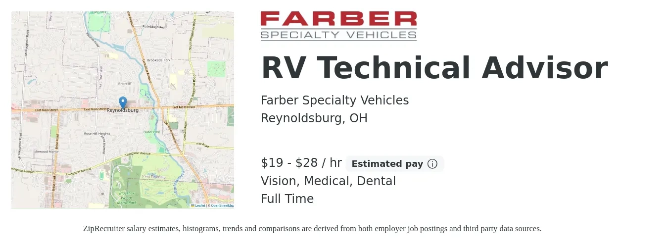 Farber Specialty Vehicles job posting for a RV Technical Advisor in Reynoldsburg, OH with a salary of $20 to $30 Hourly and benefits including retirement, vision, dental, life_insurance, and medical with a map of Reynoldsburg location.