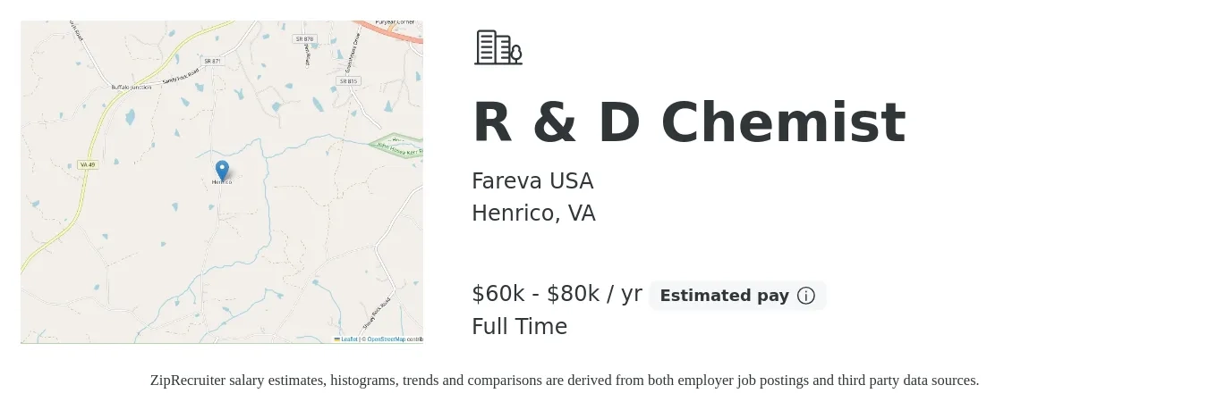 Fareva USA job posting for a R & D Chemist in Henrico, VA with a salary of $60,000 to $80,000 Yearly with a map of Henrico location.