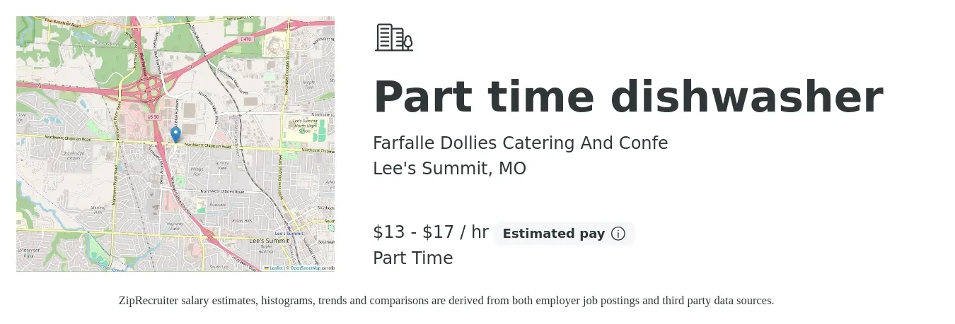 Farfalle Dollies Catering And Confe job posting for a Part time dishwasher in Lee's Summit, MO with a salary of $14 to $18 Hourly with a map of Lee's Summit location.