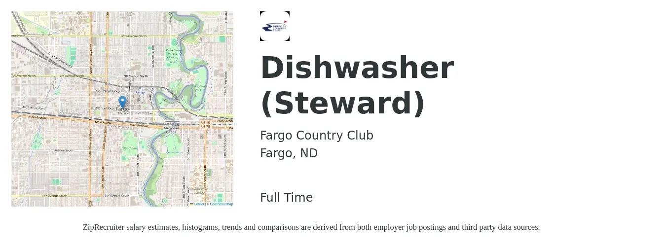 Fargo Country Club job posting for a Dishwasher (Steward) in Fargo, ND with a salary of $15 to $18 Hourly with a map of Fargo location.