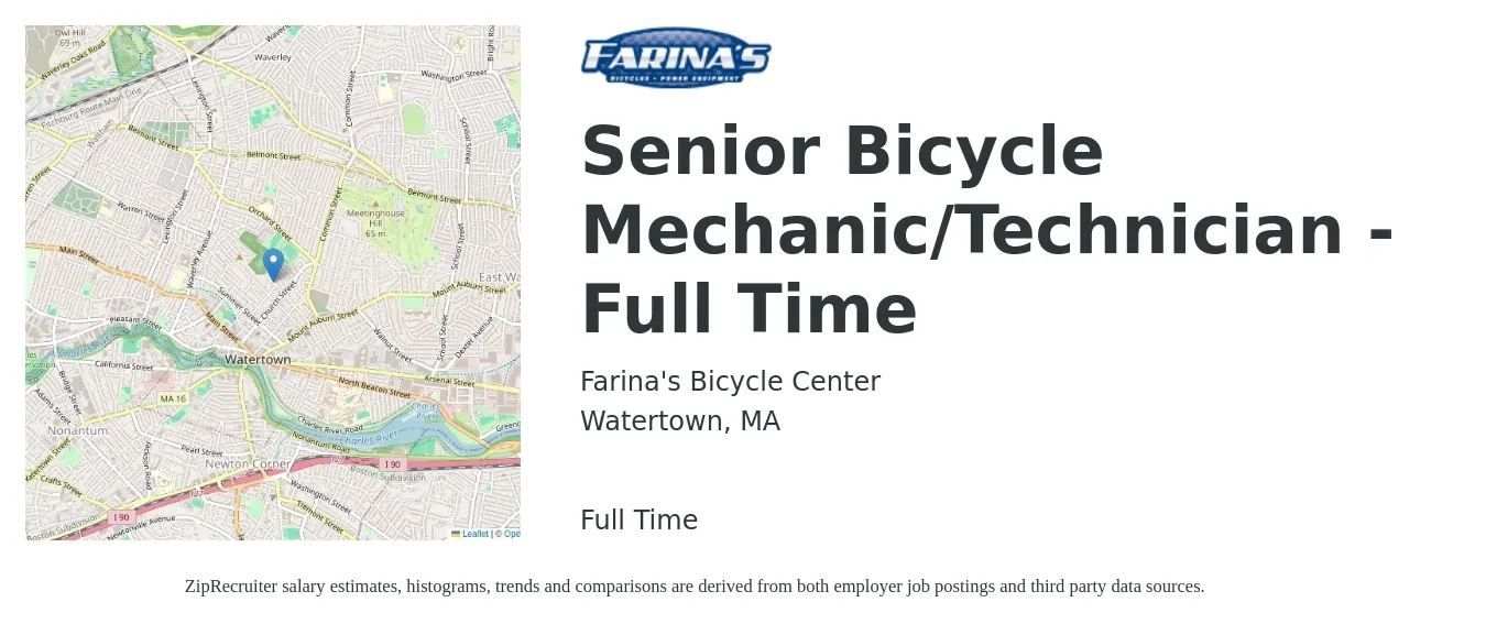 Farina's Bicycle Center job posting for a Senior Bicycle Mechanic/Technician - Full Time in Watertown, MA with a salary of $25 to $29 Hourly with a map of Watertown location.