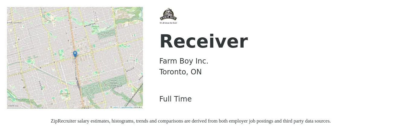 Farm Boy Inc. job posting for a Receiver in Toronto, ON with a map of Toronto location.