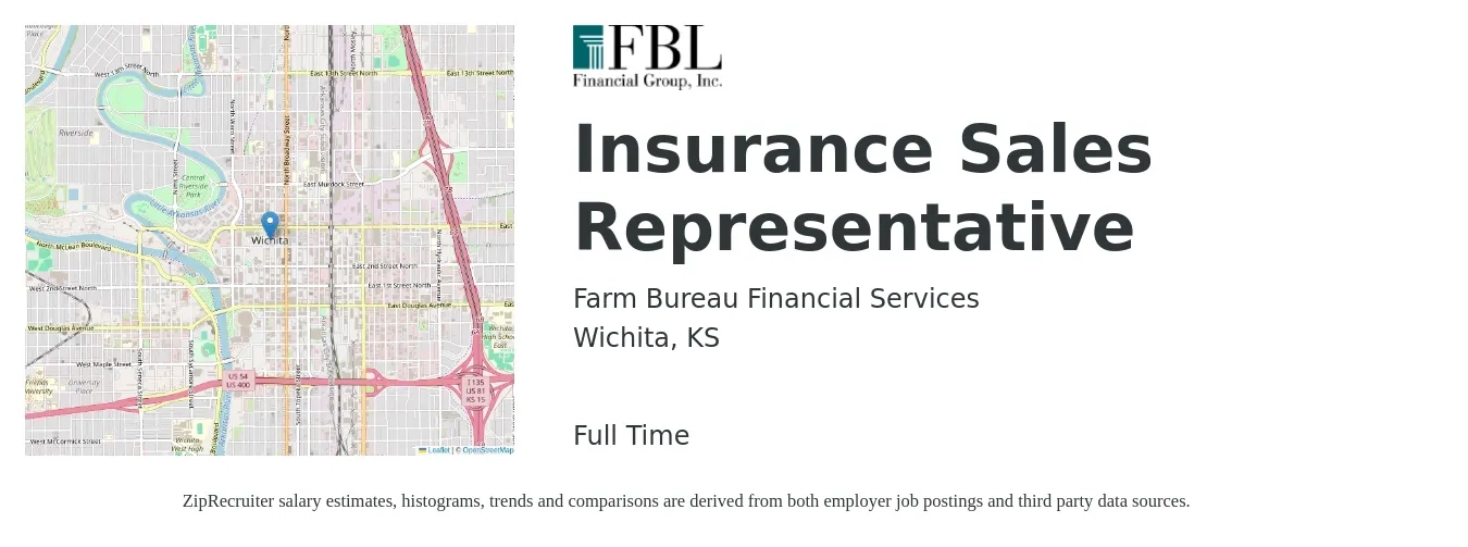 Farm Bureau Financial Services job posting for a Insurance Sales Representative in Wichita, KS with a salary of $40,300 to $99,700 Yearly with a map of Wichita location.