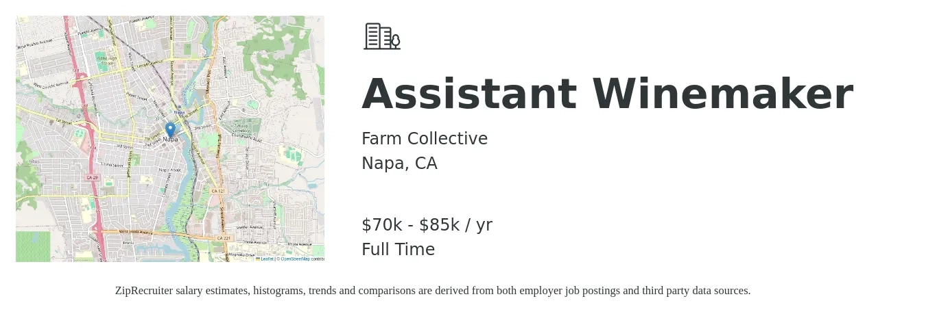 Farm Collective job posting for a Assistant Winemaker in Napa, CA with a salary of $70,000 to $85,000 Yearly with a map of Napa location.