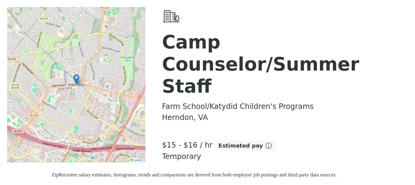 Farm School/Katydid Children's Programs job posting for a Camp Counselor/Summer Staff in Herndon, VA with a salary of $16 to $17 Hourly with a map of Herndon location.