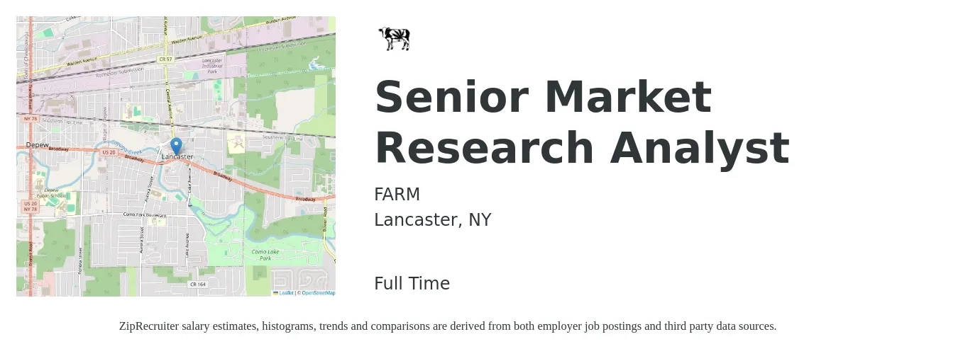 FARM job posting for a Senior Market Research Analyst in Lancaster, NY with a salary of $79,100 to $100,700 Yearly with a map of Lancaster location.