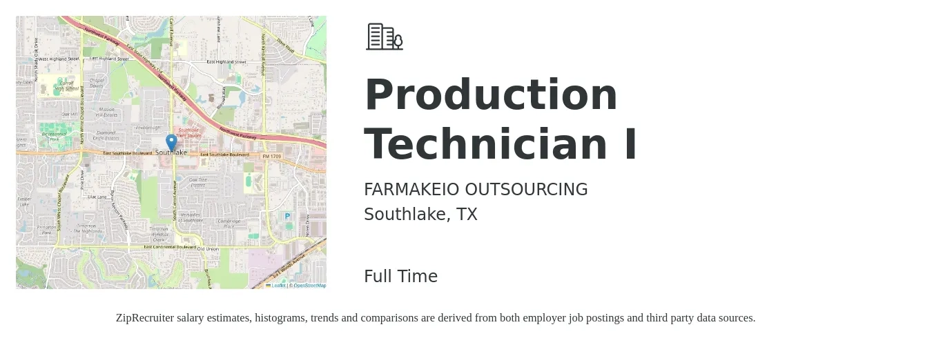 FARMAKEIO OUTSOURCING job posting for a Production Technician I in Southlake, TX with a salary of $19 Hourly with a map of Southlake location.
