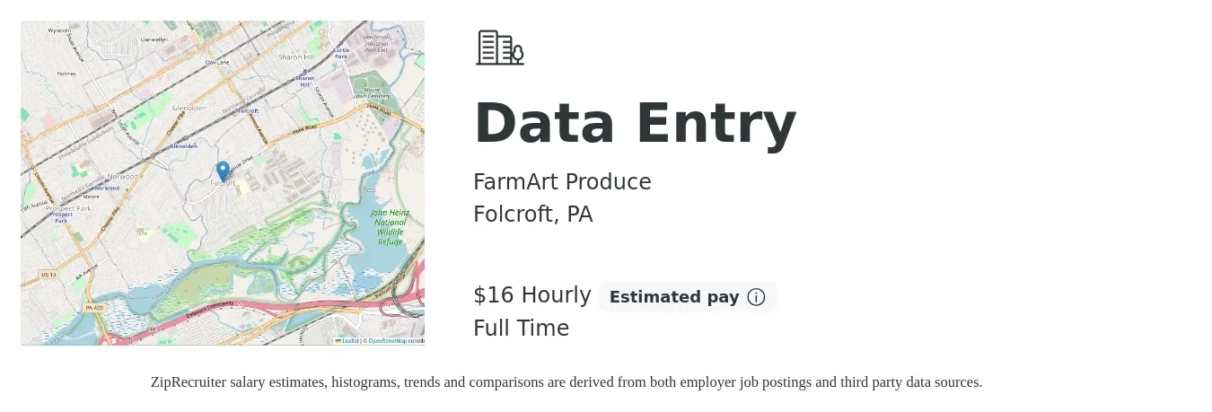 FarmArt Produce job posting for a Data Entry in Folcroft, PA with a salary of $17 Hourly with a map of Folcroft location.