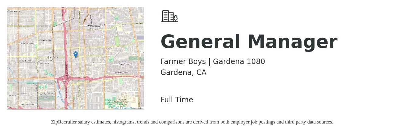 Farmer Boys | Gardena 1080 job posting for a General Manager in Gardena, CA with a salary of $50,600 to $75,600 Yearly with a map of Gardena location.