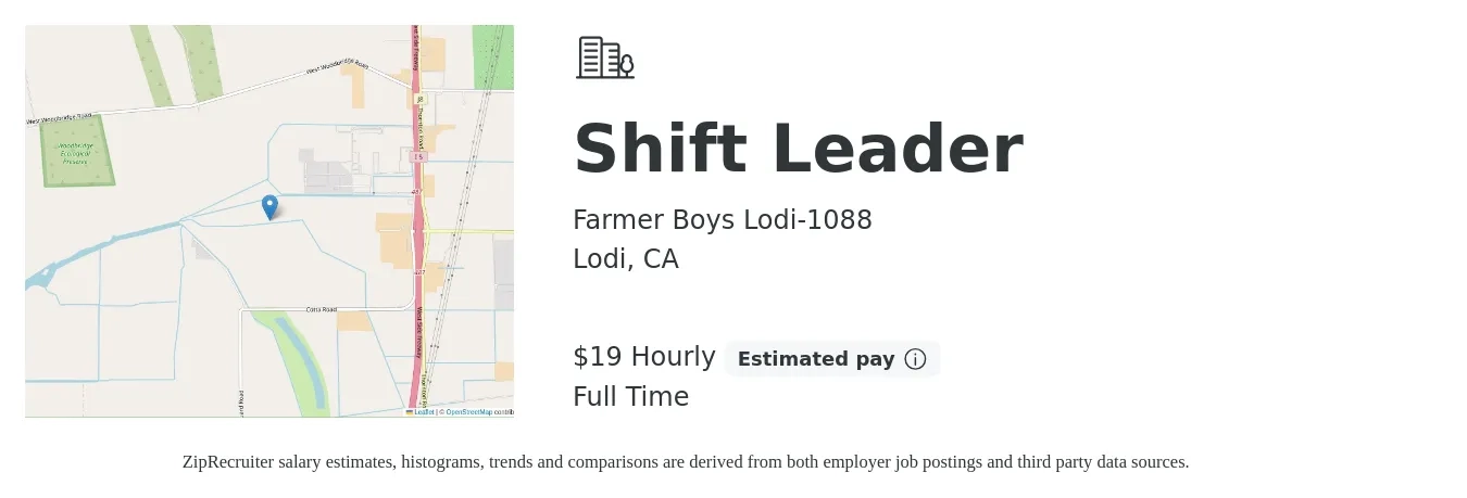 Farmer Boys Lodi-1088 job posting for a Shift Leader in Lodi, CA with a salary of $20 Hourly with a map of Lodi location.