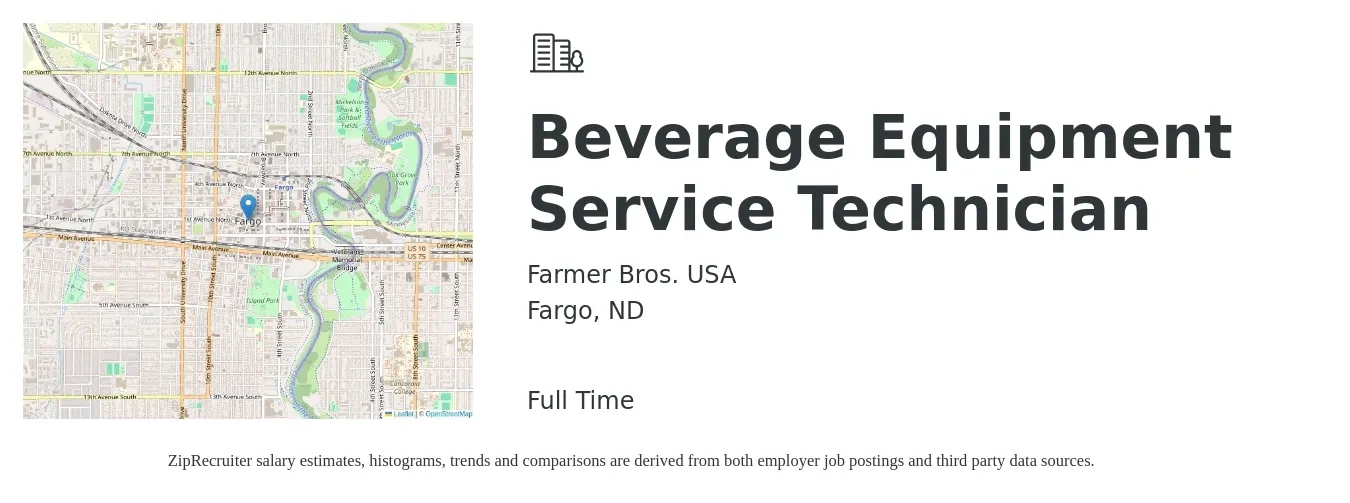 Farmer Bros. USA job posting for a Beverage Equipment Service Technician in Fargo, ND with a salary of $21 to $27 Hourly with a map of Fargo location.