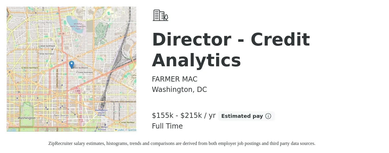 FARMER MAC job posting for a Director - Credit Analytics in Washington, DC with a salary of $155,000 to $215,000 Yearly with a map of Washington location.