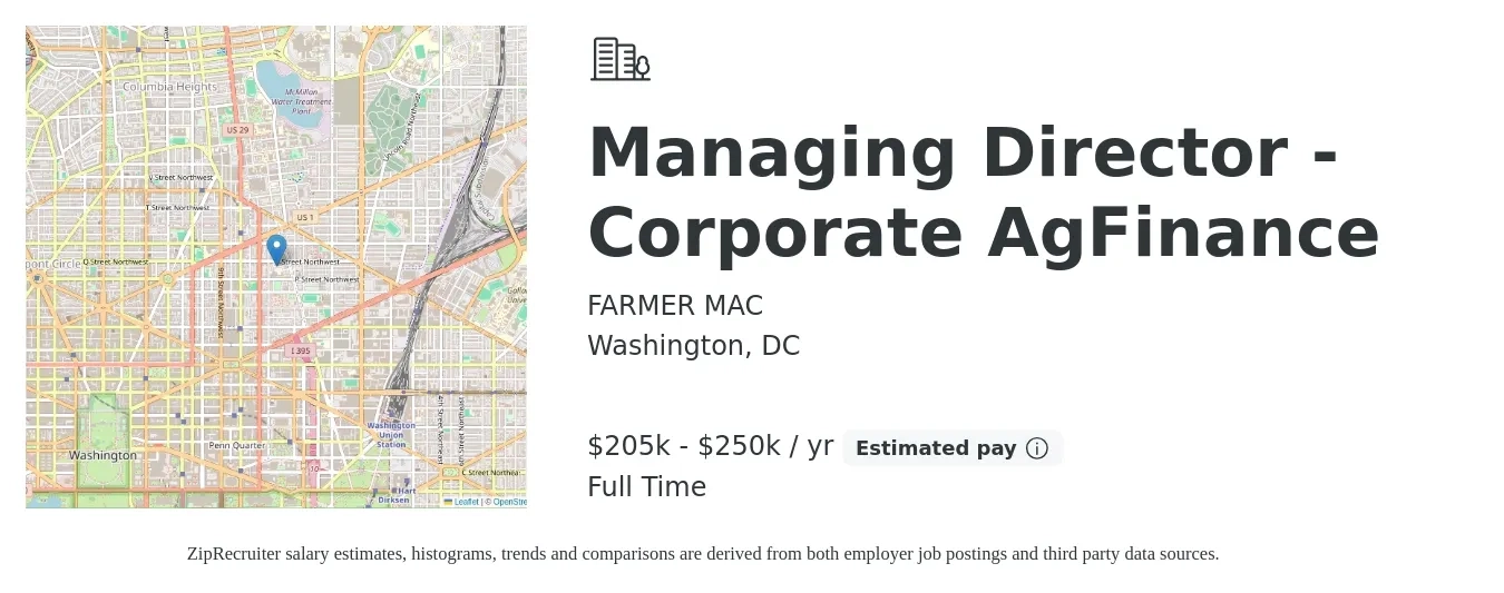 FARMER MAC job posting for a Managing Director - Corporate AgFinance in Washington, DC with a salary of $205,000 to $250,000 Yearly with a map of Washington location.