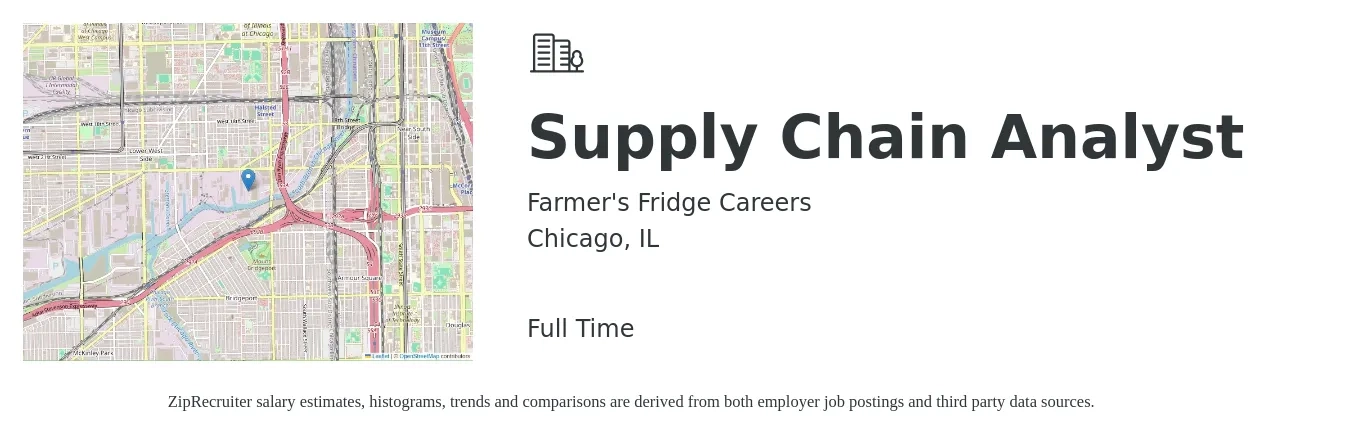 Farmer's Fridge Careers job posting for a Supply Chain Analyst in Chicago, IL with a salary of $60,800 to $86,100 Yearly with a map of Chicago location.
