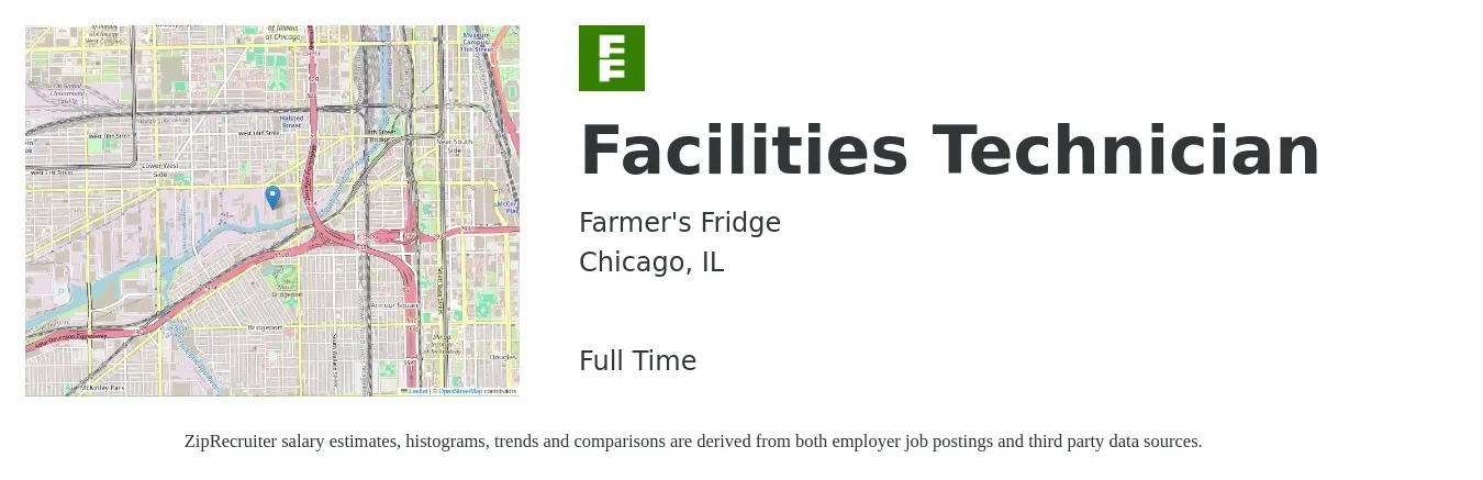 Farmer's Fridge job posting for a Facilities Technician in Chicago, IL with a salary of $20 to $28 Hourly with a map of Chicago location.