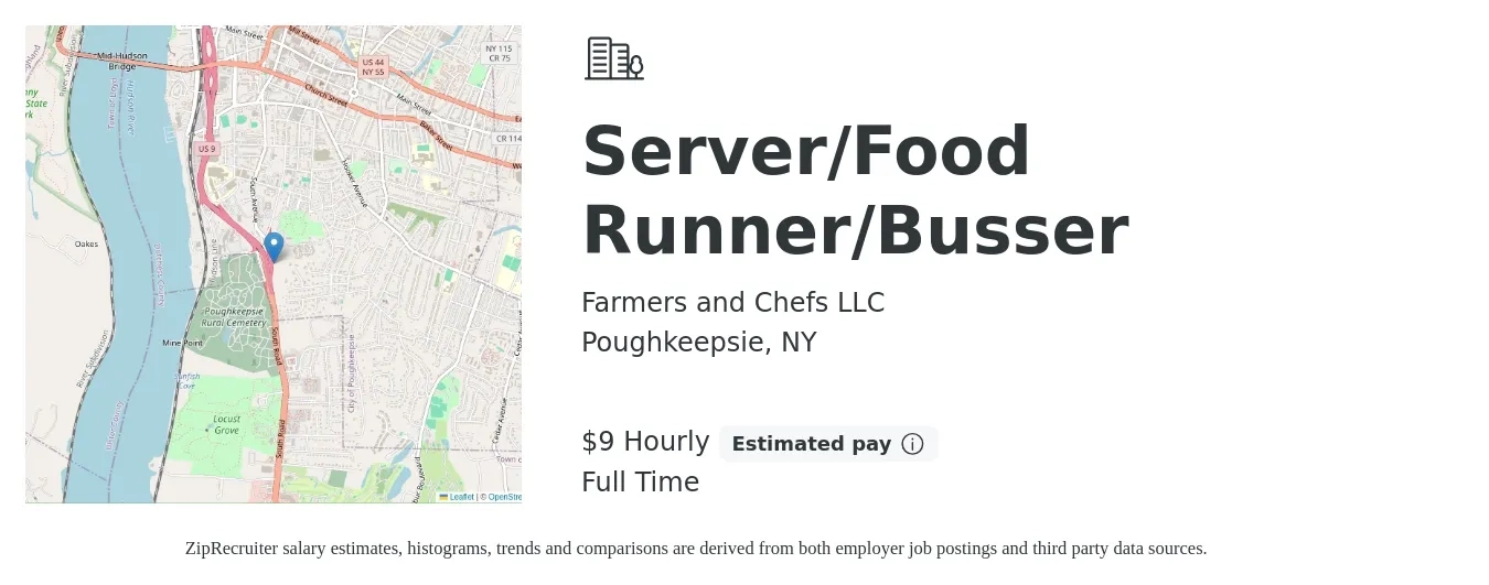 Farmers and Chefs LLC job posting for a Server/Food Runner/Busser in Poughkeepsie, NY with a salary of $10 Hourly with a map of Poughkeepsie location.