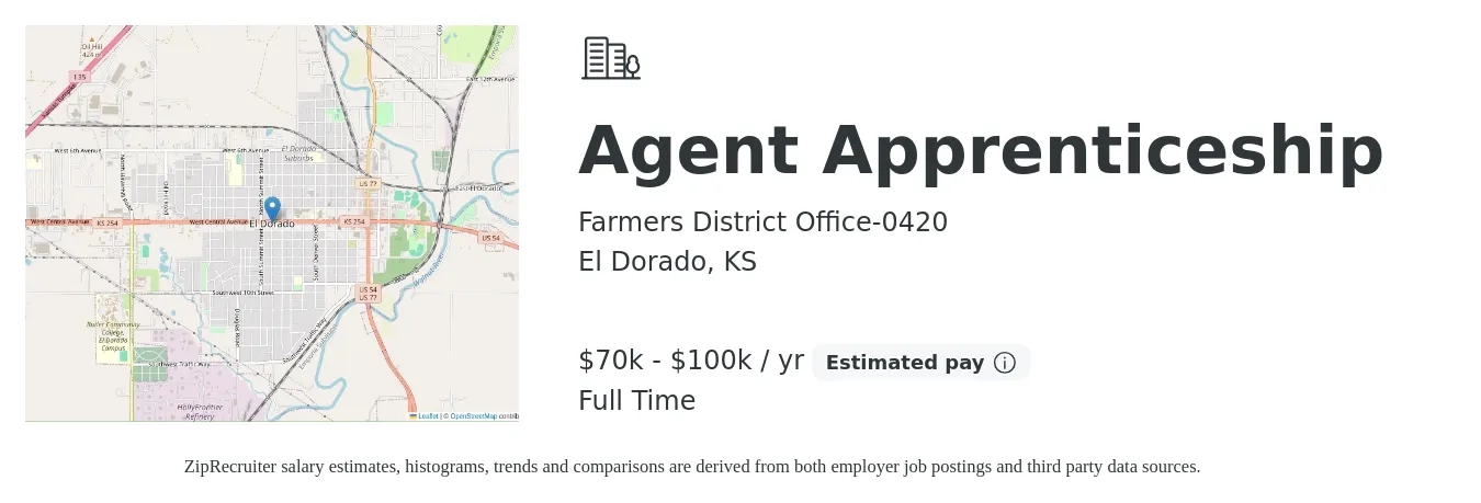 Farmers District Office-0420 job posting for a Agent Apprenticeship in El Dorado, KS with a salary of $70,000 to $100,000 Yearly with a map of El Dorado location.