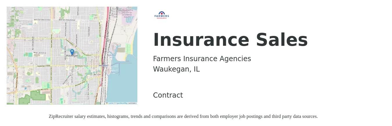 Farmers Insurance Agencies job posting for a Insurance Sales in Waukegan, IL with a salary of $40,400 to $56,100 Yearly with a map of Waukegan location.