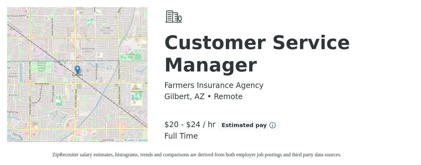 Farmers Insurance Agency job posting for a Customer Service Manager in Gilbert, AZ with a salary of $21 to $25 Hourly with a map of Gilbert location.