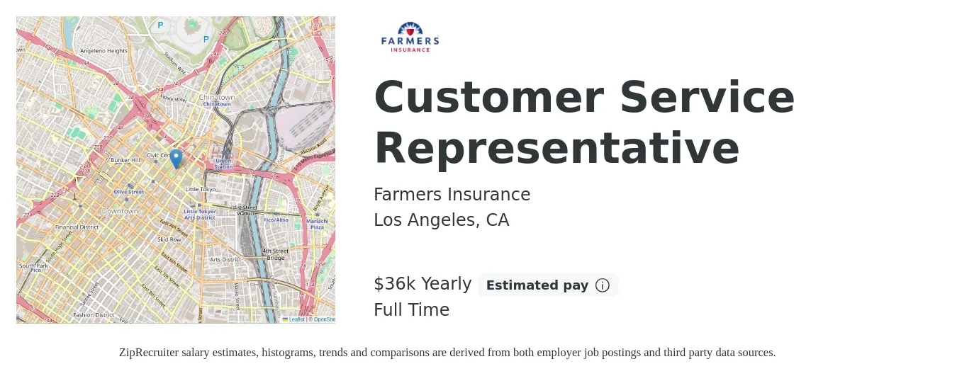 Farmers Insurance job posting for a Customer Service Representative in Los Angeles, CA with a salary of $36,000 Yearly with a map of Los Angeles location.