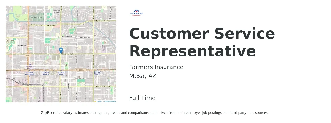 Farmers Insurance job posting for a Customer Service Representative in Mesa, AZ with a salary of $16 to $22 Hourly with a map of Mesa location.