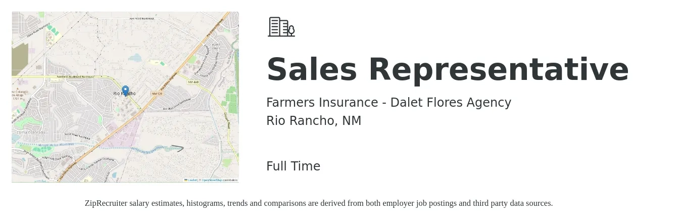 Farmers Insurance - Dalet Flores Agency job posting for a Sales Representative in Rio Rancho, NM with a salary of $48,300 to $83,900 Yearly with a map of Rio Rancho location.
