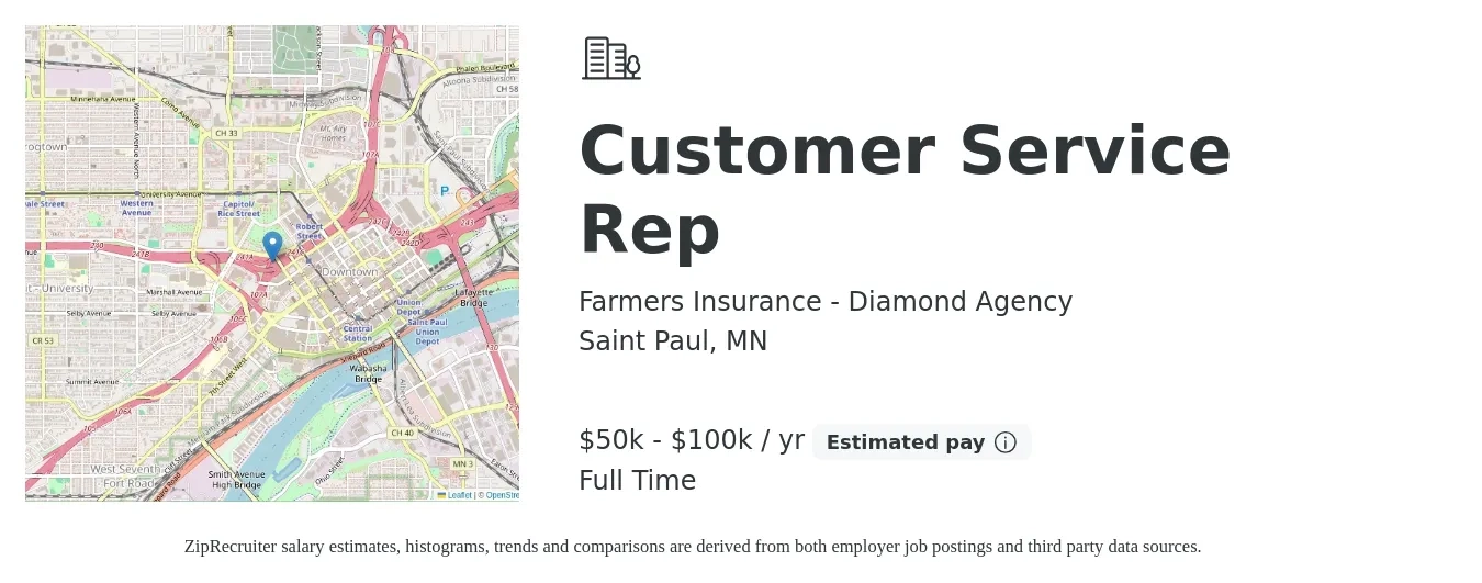 Farmers Insurance - Diamond Agency job posting for a Customer Service Rep in Saint Paul, MN with a salary of $50,000 to $100,000 Yearly with a map of Saint Paul location.
