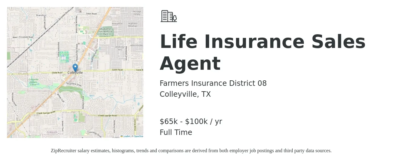 Farmers Insurance District 08 job posting for a Life Insurance Sales Agent in Colleyville, TX with a salary of $65,000 to $100,000 Yearly with a map of Colleyville location.