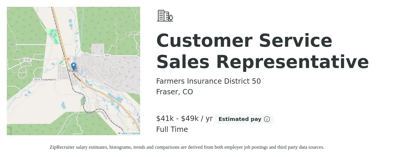 Farmers Insurance District 50 job posting for a Customer Service Sales Representative in Fraser, CO with a salary of $41,600 to $49,920 Yearly with a map of Fraser location.