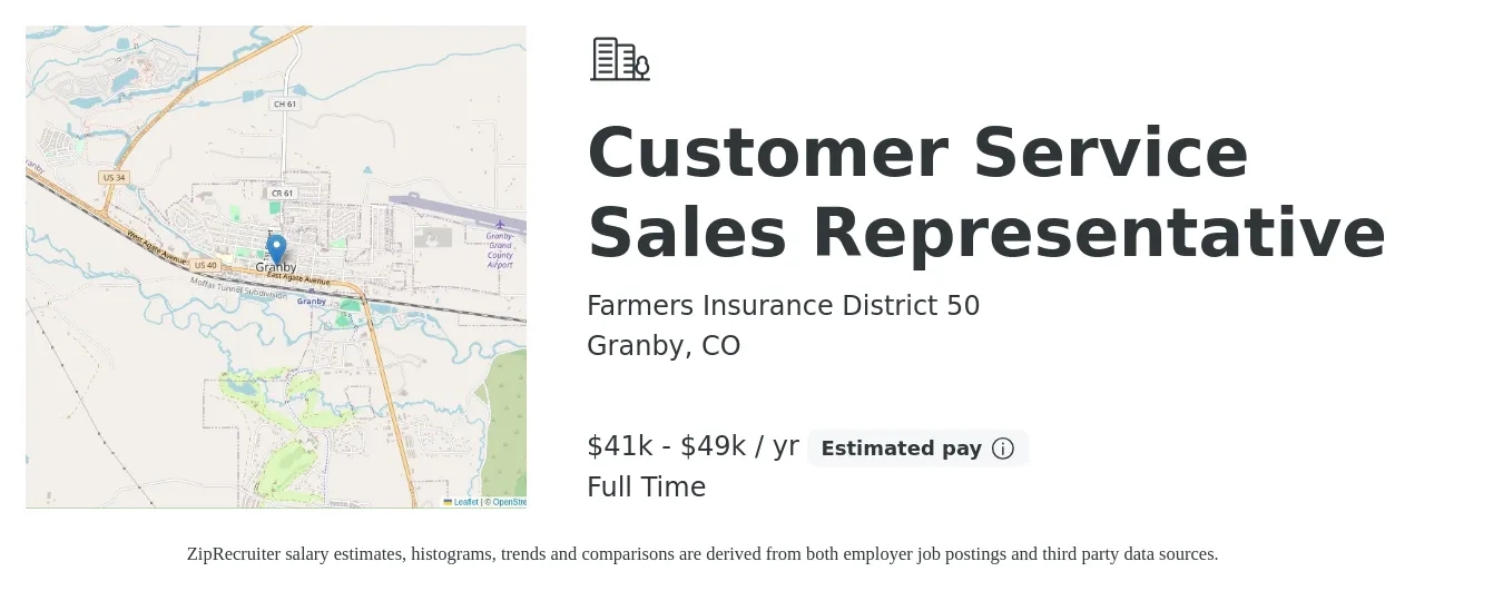 Farmers Insurance District 50 job posting for a Customer Service Sales Representative in Granby, CO with a salary of $41,600 to $49,920 Yearly with a map of Granby location.