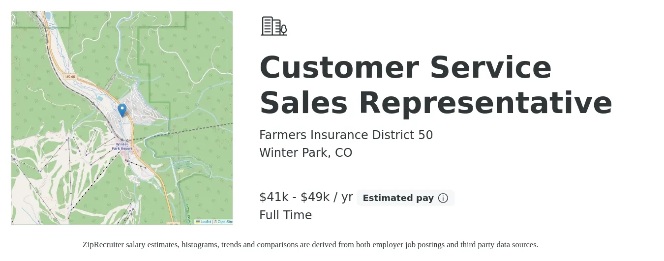 Farmers Insurance District 50 job posting for a Customer Service Sales Representative in Winter Park, CO with a salary of $41,600 to $49,920 Yearly with a map of Winter Park location.