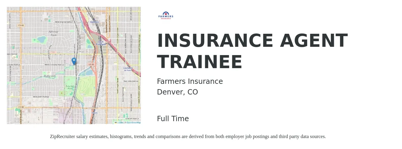 Farmers Insurance job posting for a INSURANCE AGENT TRAINEE in Denver, CO with a map of Denver location.