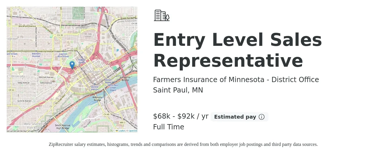 Farmers Insurance of Minnesota - District Office job posting for a Entry Level Sales Representative in Saint Paul, MN with a salary of $68,000 to $92,000 Yearly with a map of Saint Paul location.