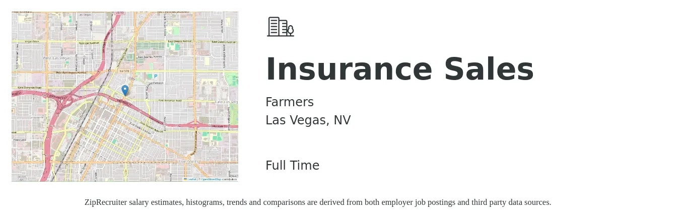 Farmers job posting for a Insurance Sales in Las Vegas, NV with a salary of $30,000 to $50,000 Yearly with a map of Las Vegas location.