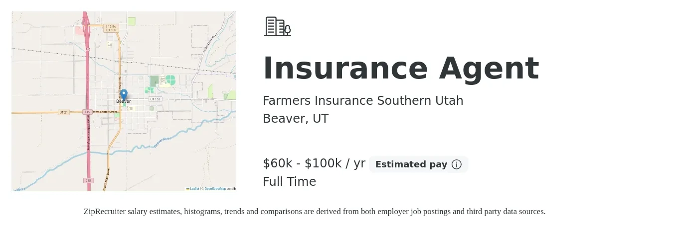 Farmers Insurance Southern Utah job posting for a Insurance Agent in Beaver, UT with a salary of $60,000 to $100,000 Yearly with a map of Beaver location.