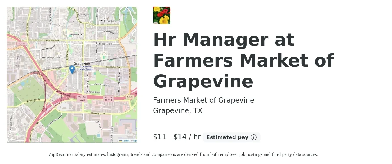 Farmers Market of Grapevine job posting for a Hr Manager at Farmers Market of Grapevine in Grapevine, TX with a salary of $12 to $15 Hourly with a map of Grapevine location.