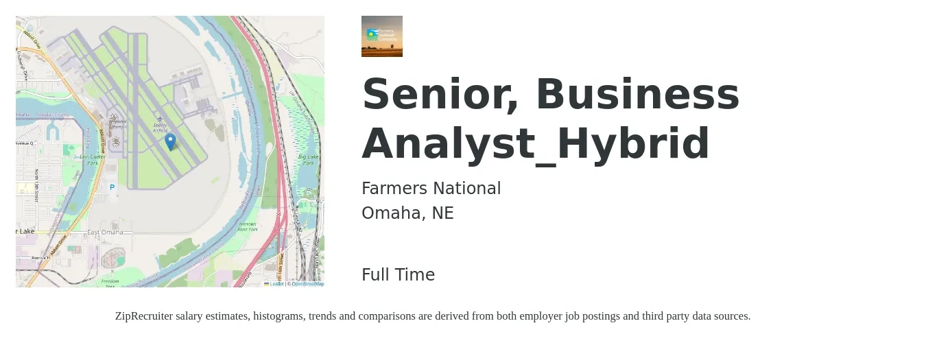 Farmers National job posting for a Senior, Business Analyst_Hybrid in Omaha, NE with a salary of $84,000 to $108,500 Yearly with a map of Omaha location.