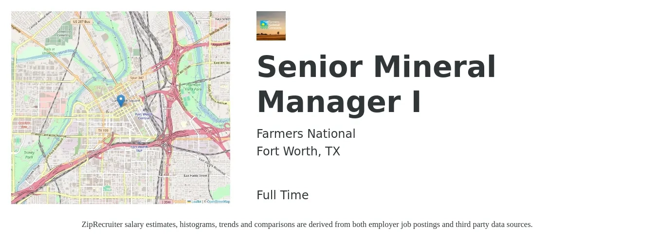 Farmers National job posting for a Senior Mineral Manager I in Fort Worth, TX with a salary of $79,500 to $111,500 Yearly with a map of Fort Worth location.