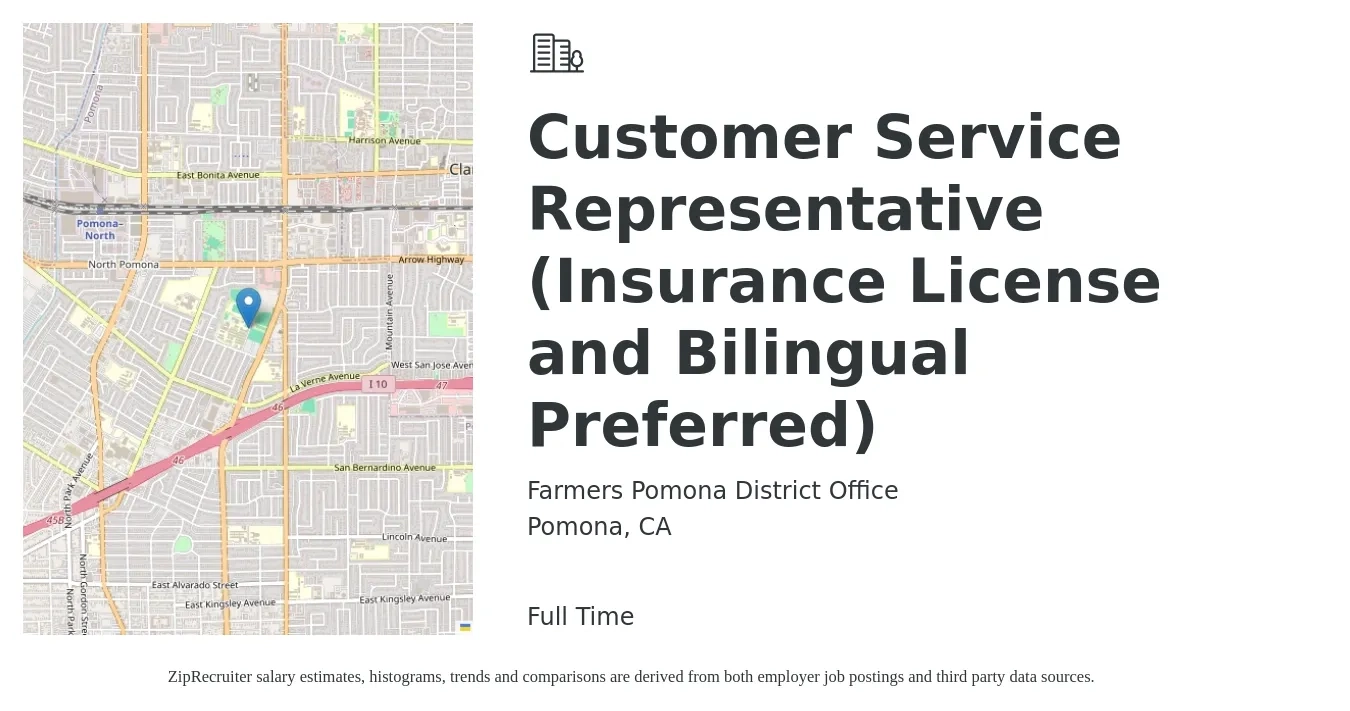 Farmers Pomona District Office job posting for a Customer Service Representative (Insurance License and Bilingual Preferred) in Pomona, CA with a salary of $16 to $20 Hourly with a map of Pomona location.