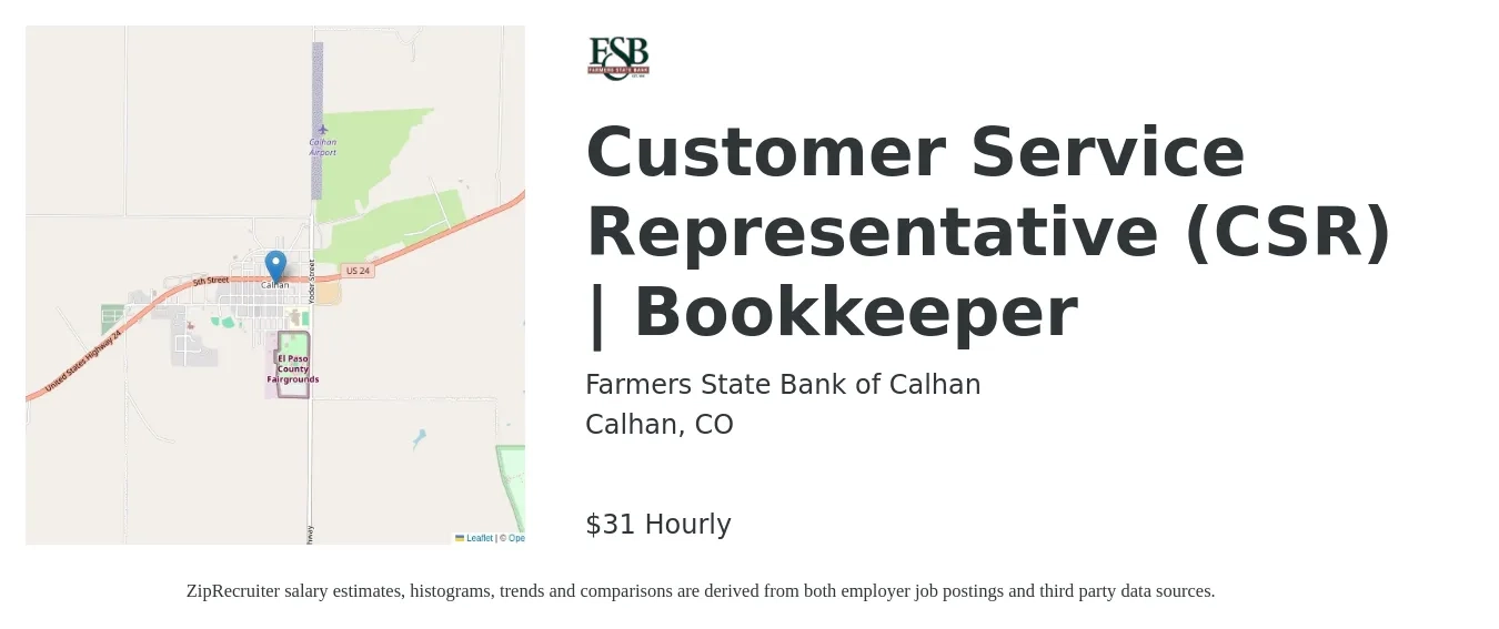 Farmers State Bank of Calhan job posting for a Customer Service Representative (CSR) | Bookkeeper in Calhan, CO with a salary of $32 Hourly with a map of Calhan location.